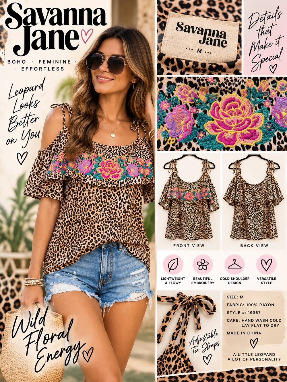 Savanna Jane Leopard Floral Embroidered Cold Shoulder Boho Top M